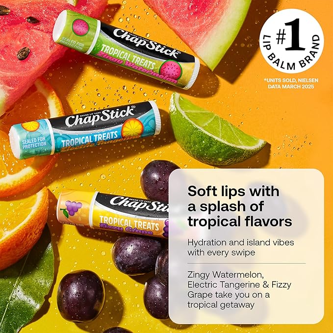 ChapStick Lip Care, Tropical Treats Collection (36 Sticks) – Electric Tangerine, Fizzy Grape & Zingy Watermelon, Bulk Lip Balm, 0.15 Oz Ea