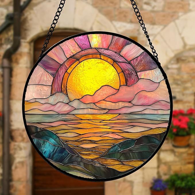 Stained Glass Window Hanging, Sunrise Over The Sea Suncatcher Diamond Glass Panel Hangings Abstract Sun Catchers Decor for Birthday for Women, Men, Wife, Aunt, and Mom 11.8 in