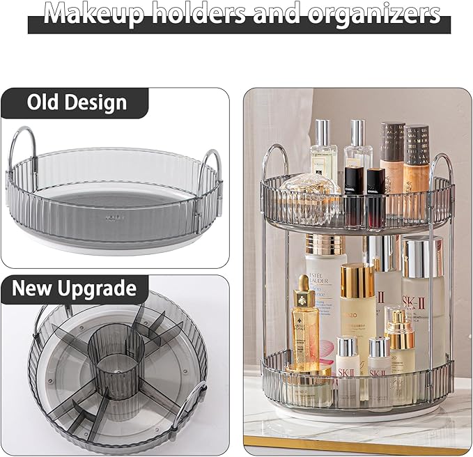 Rotating Makeup Organizer for Vanity, High-Capacity Skincare Clear Make Up Storage Perfume Organizers Cosmetic Dresser Organizer Countertop 360 Spinning (Gray, New-2 Tier)