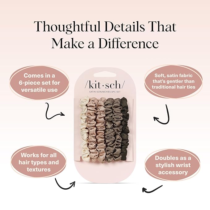 Kitsch Ultra-Petite Satin Scrunchies for Women - Softer Than Silk Scrunchies | Hair Ties No Damage for Frizz-Free Sleep | Perfect for Day or Night | Ideal Gifts for Women - Eucalyptus, 6 pcs