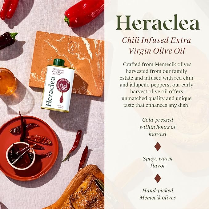 Heraclea - Chili Infused - Extra Virgin Olive Oil - Organic Olive Oil - Extra Virgin - Cold Pressed - Polyphenol Rich EVOO - 5.9oz Bottle