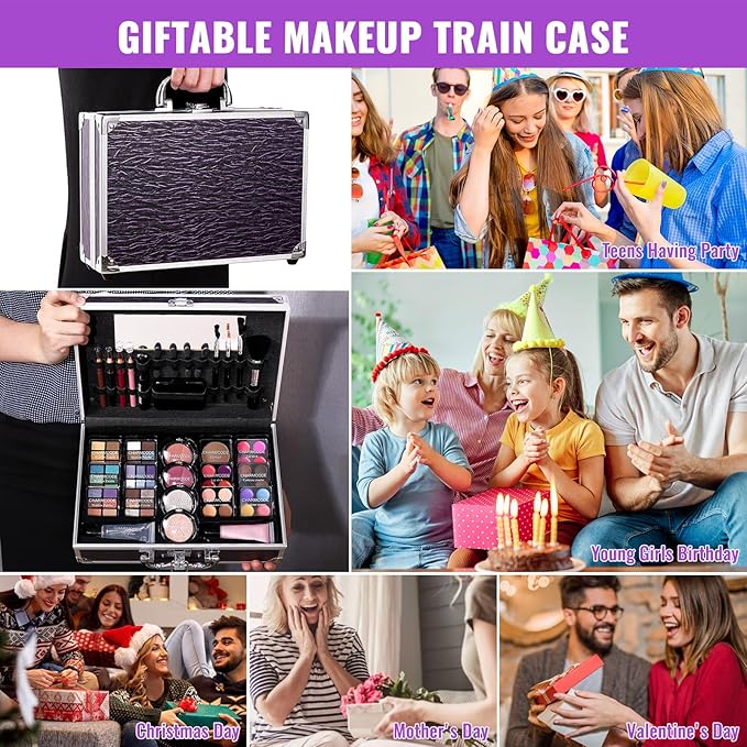 Makeup Kit for Teen Girls & Women Full Kit, Beauty Train Case with Starter Cosmetic Set, Make Up Christmas Gift Box with Eyeshadow,Lipgloss,Highlighter,Blush,Lip&Eye Pencils,Brush & More(Purple)