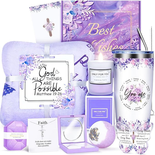 12PCS Christian Gifts for Women Faith, Inspirational Gifts for Women, Religious Catholic Gifts Basket,Purple Birthday Get Well Soon Gifts, for Mom Her Wife Girlfriend Friend Sister