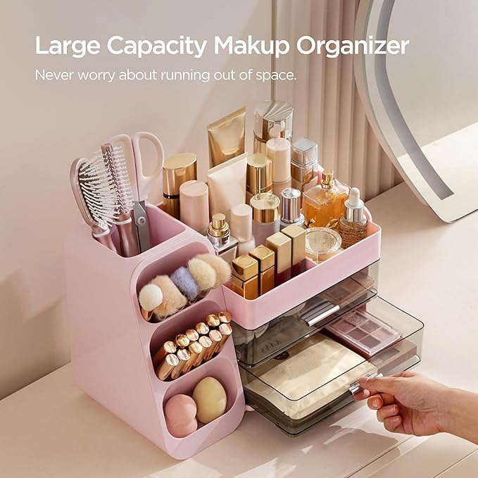 HBlife Makeup Organizer with Brush Holder for Vanity, Large Plastic Bathroom Countertop Organizer Skin Care Storage, Easy to Store Lipsticks, Nail Polishes, Perfumes, Eyeshadow Palettes, Pink