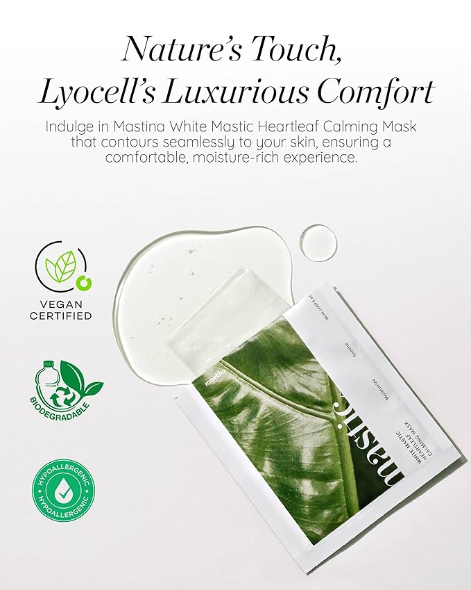 MASTINA White Mastic Face Mask (Heartleaf Calming, 4 pc) Premium Korean Skin Care for Soothing & Deep Moisturization. Sensitive Tired Skin White Mastic Cica Vegan Sheet Masks