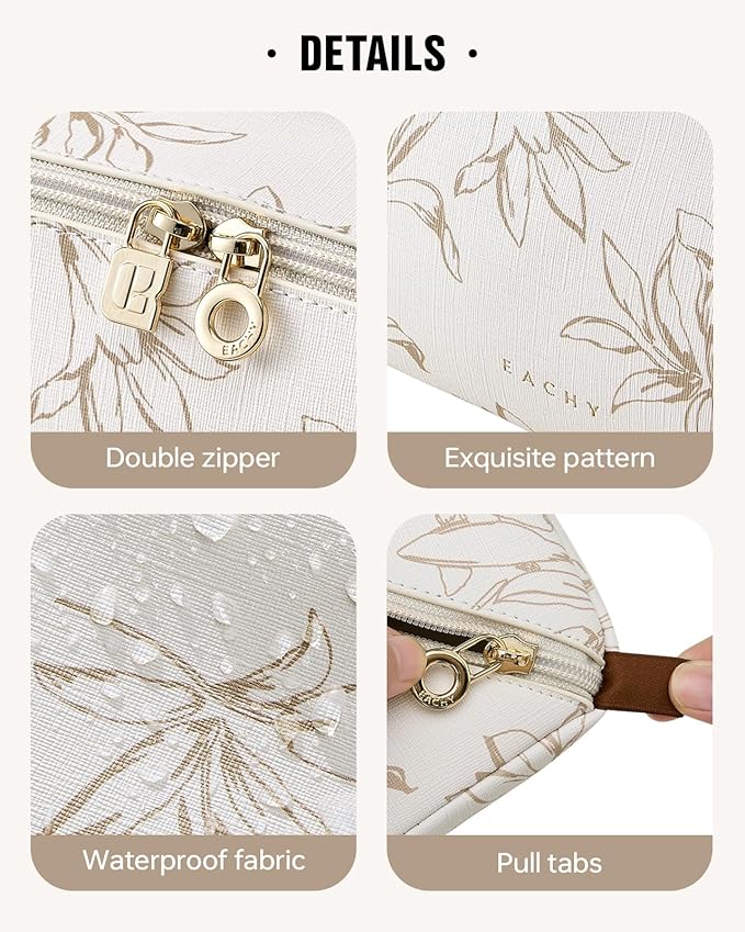 EACHY Travel Makeup Bag,Large Capacity Cosmetic Bags for Women,Waterproof Portable Pouch Open Flat Toiletry Bag Pattern Makeup Bag (F-Beige-Large)