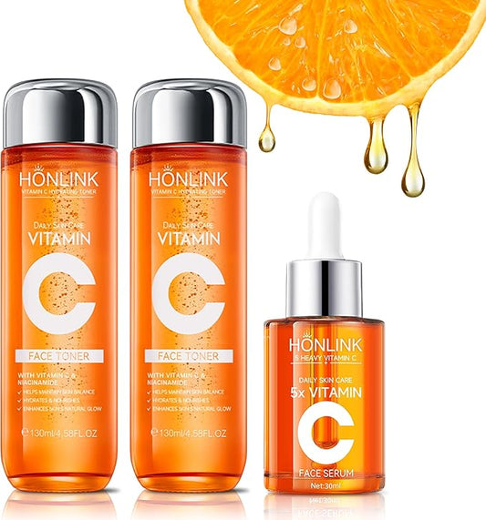 Vitamin C Skincare Kit - 2x Toners & 1x Serum with Niacinamide + Hyaluronic Acid | Hydration Prep,Skin Texture Support | Viral Trio Set , Unique Gift for Women