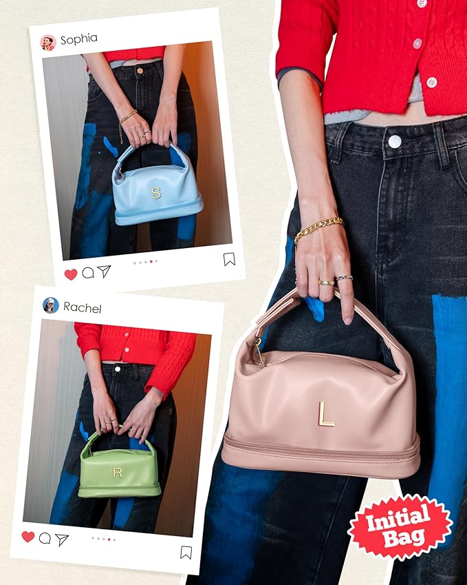 Personalized Gifts for Women, Personalized Makeup Bag with Handle, Initial Double Layer Cosmetic Bag with Makeup Brush Organizer, Travel Toiletry Bag, Birthday Gift for Friends Female Mom