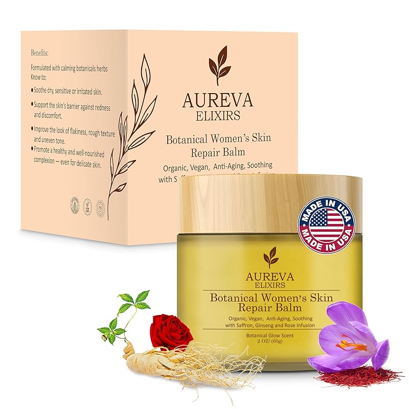 Organic Botanical Women’s Skin Repair Balm – 97% Reported Improvement for Acne, Sunburn & Dryness – Day & Night Anti-Aging Collagen Boost Moisturizer for Face, Neck & Décolleté – Glow Scent, 2oz