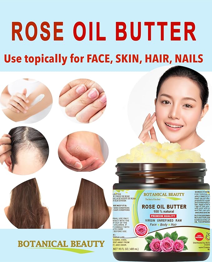 Botanical Beauty ROSE OIL BUTTER 100% Natural Rose Essential Oil in Shea Nut Butter for FACE SKIN BODY HAIR NAILS Beauty Skin Moisturizer Oil Butter Skin Nourishing (16 Fl Oz)