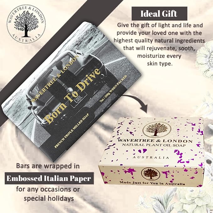 Wavertree & London Born To Drive Scented Natural Soap Bars (2 Bars), 7oz Moisturizing French Triple Milled Soap Bars enriched with shea butter - Pure Plant Oil Bath & Body Bars for All Skin Types