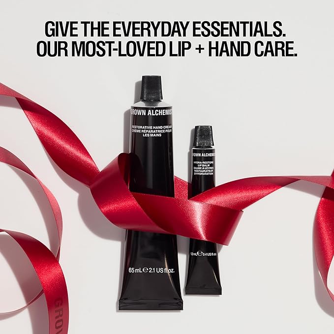Grown Alchemist, Lip + Hand Essentials Holiday Gift Kit. Hydra-Restore Lip Balm (12 mL) & Restorative Hand Cream (20 mL). Natural Hydration Duo
