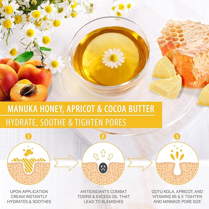 LILY SADO HONEY GLOW Radiance Cream Face Moisturizer - Natural Daily Facial Lotion w Manuka Honey, Coconut, Apricot, Gotu Kola, and VITS B5 & E - Amazing Anti Aging Formula. 2 oz