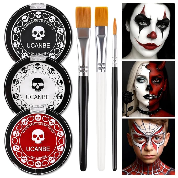 Goth White Foundation + Black Red Face Body Paint for Halloween Makeup, Face Painting Kit with Brushes Facepaint Set for Kids Adults Clown Vampire Skull SFX Make Up Costume Cosplay Party Theater Stage