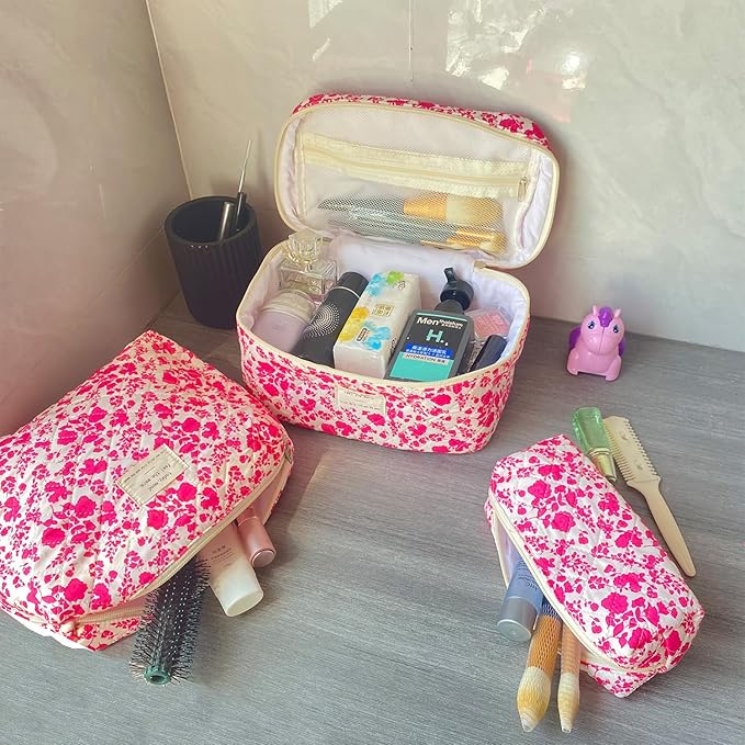 Rose Red Large Quilted Floral Makeup Bag Set of 3 Cute Coquette Aesthetic Cosmetic Bag Set Travel Toiletry Bag for Women