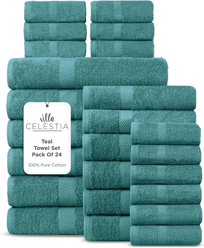 100% Cotton Bath Towel Set of 24-6 Bath Towels, 6 Hand Towels, 12 Wash Cloths, Sustainable, Soft, Highly Absorbent, Combed Cotton 24 Piece Set for Hotels, Spa, Bathroom, Dorm, Teal