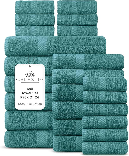 100% Cotton Bath Towel Set of 24-6 Bath Towels, 6 Hand Towels, 12 Wash Cloths, Sustainable, Soft, Highly Absorbent, Combed Cotton 24 Piece Set for Hotels, Spa, Bathroom, Dorm, Teal
