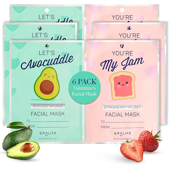SpaLife Let’s Avocuddle & You're My Jam Face Masks 6 Pack Bundle - Avocado and Strawberry Extract Infused Sets for Hydration and Glow - The Ideal Valentine's Day Skincare Gift Set.