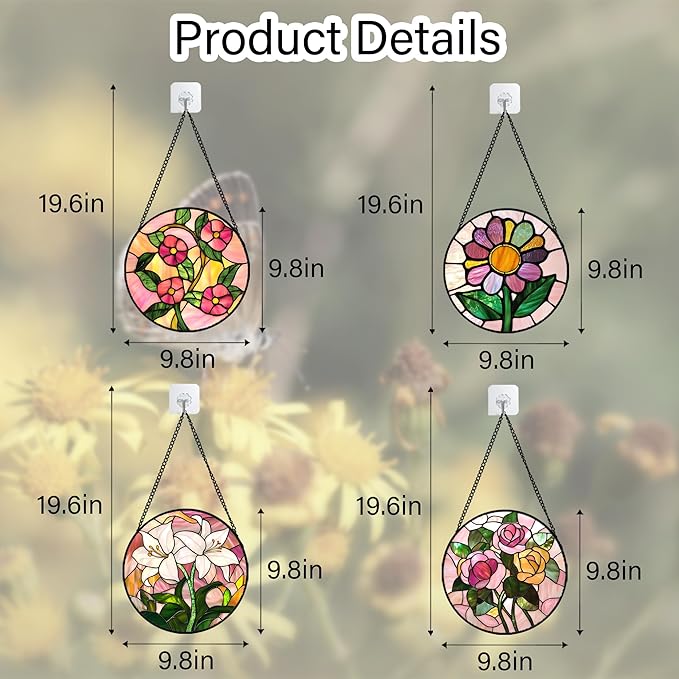 Stained Glass Window Hanging 4 Pcs Set Pink Floral Theme 9.8" - Flowers Suncatcher Door Garden Sun Catcher Decor Birthday Christmas for Mom Woman Nana Men Friend