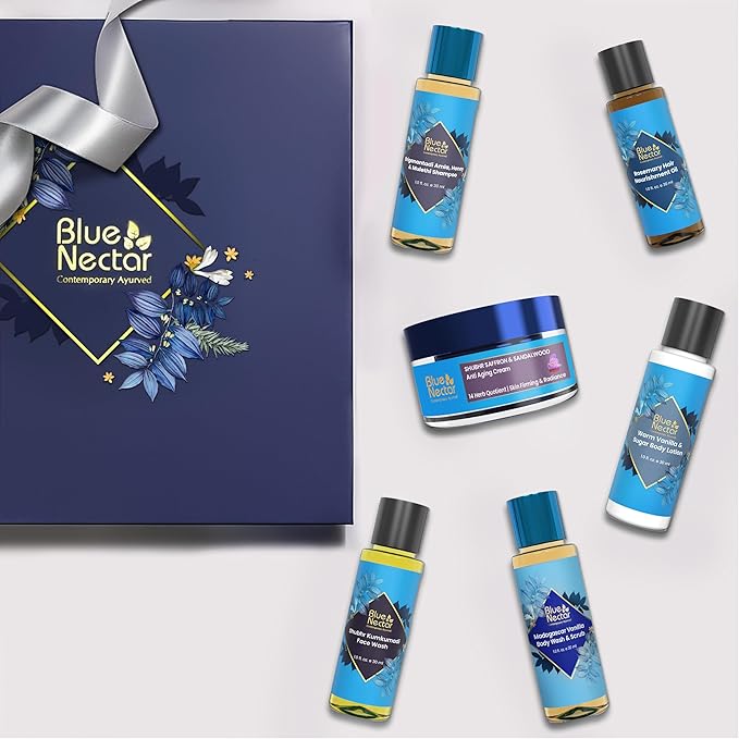 Premium Beauty Gift Set for Women & Men | Blue Nectar Hair Oil, Shampoo, Face Wash, Body Wash, Scrub & Lotion with Herbal Ingredients | Ideal Christmas Holidays Gift for Mom,Dad,Girlfriend & Coworker