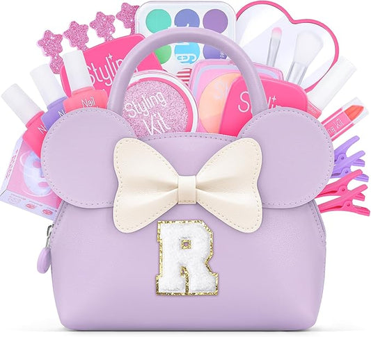 Kids Real Makeup Kit for Girls - 21Pcs Non-Toxic Make Up Toys with Initial Toddler Purse - Personalized Birthday Gifts for Age 5 6 7 8 9 10 Years Old Girls Vanity Set - Purple R