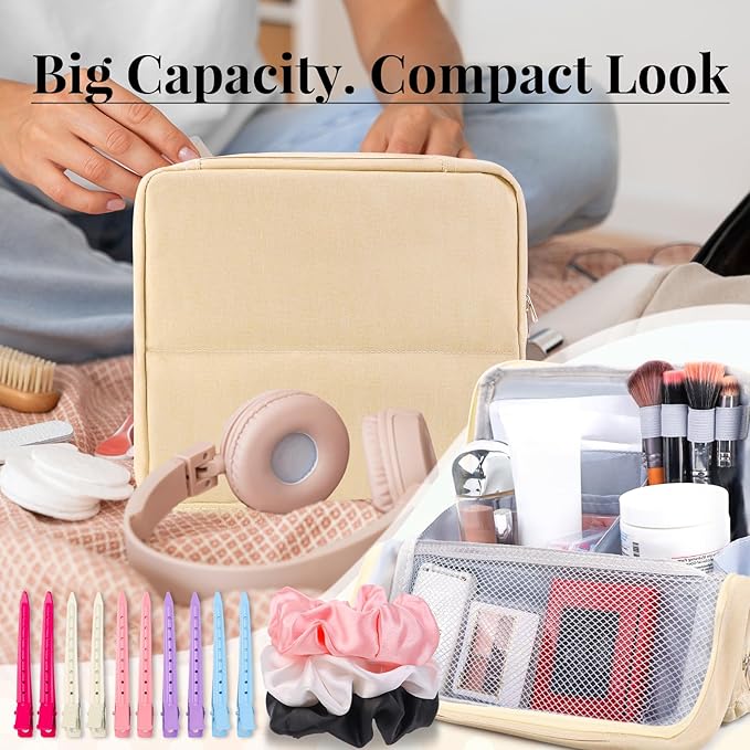 Standing Makeup Bag Gift Set – Large Travel Cosmetic Organizer That Supports Mirror or Phone – Includes 3 Silk Scrunchies & 10 Duckbill Hair Clips – Great Gift for Women & Girls (BEIGE)
