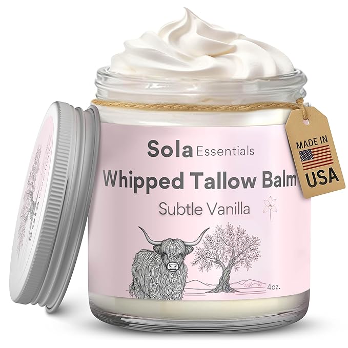 Grass Fed Whipped Beef Tallow for Skin - Whipped Tallow Balm with Mango Butter and Olive Oil - Natural Moisturizer, Suitable for all Skin Types, Smooth Texture, 4 oz Jar, Made in USA, Subtle Vanilla