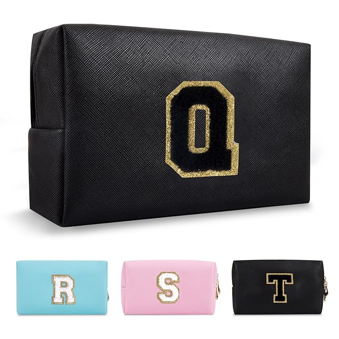 Personalized Initial A-Z Preppy Patch Makeup Bag,Small PU Chenille Letter Cosmetic Bag with Zipper for Teen Girls,Black Cute Toiletry Organizer Bag,Monogram Makeup Case Gift for Women Girls,Letter Q