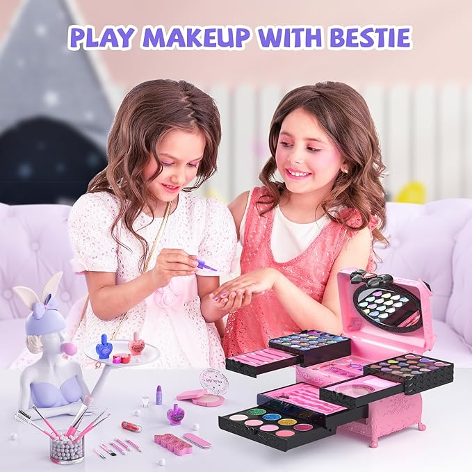 Kids Makeup Sets for Girls, 66pcs Real Cosmetic for Kids Toys with Mirror, Princess Washable Girls Makeup Kit, Non-Toxic & Safe Brithday Gifts for 3 4 5 6 7 8 10 - 12 Years Old（Pink Black）