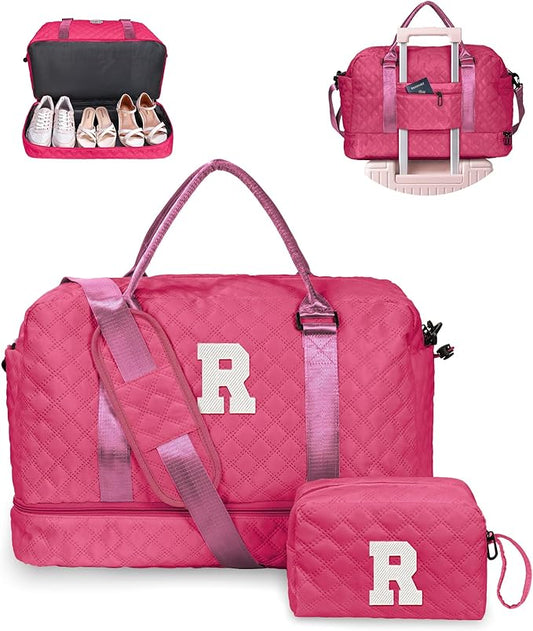 Girls Gifts 10-12, Birthday Gift-Initial Travel Bag with Shoe Compartment, Personalized Weekender Bag, Monogram Overnight Bag for Women, Letter Travel Bag with Makeup Bag (Letter R)