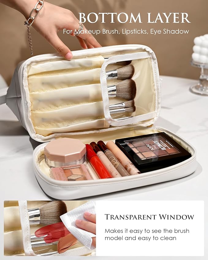 Women Gifts, Initial Makeup Bag, Personalized Double Layer Cosmetic Bag with Makeup Brush Organizer, Waterproof, Large Capacity PU Leather Travel Toiletry Bag, Gift for Wife