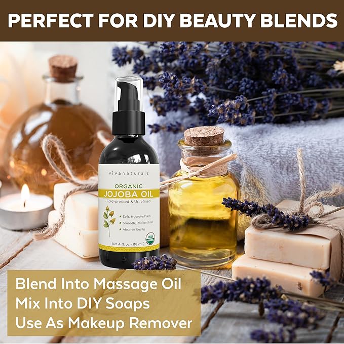 Viva Naturals Organic Jojoba Oil - Pure Cold-Pressed for Skin and Hair, USDA Certified Face Moisturizer, 4 fl. oz