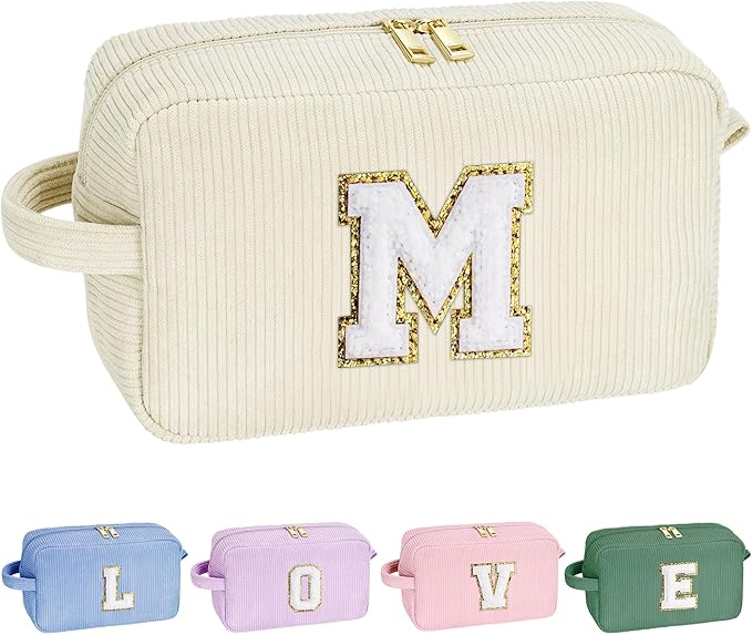 YOOLIFE Cute Gifts Travel Makeup Bag - White Corduroy Makeup Bag for Women - Personalized Best Friend Birthday Gifts