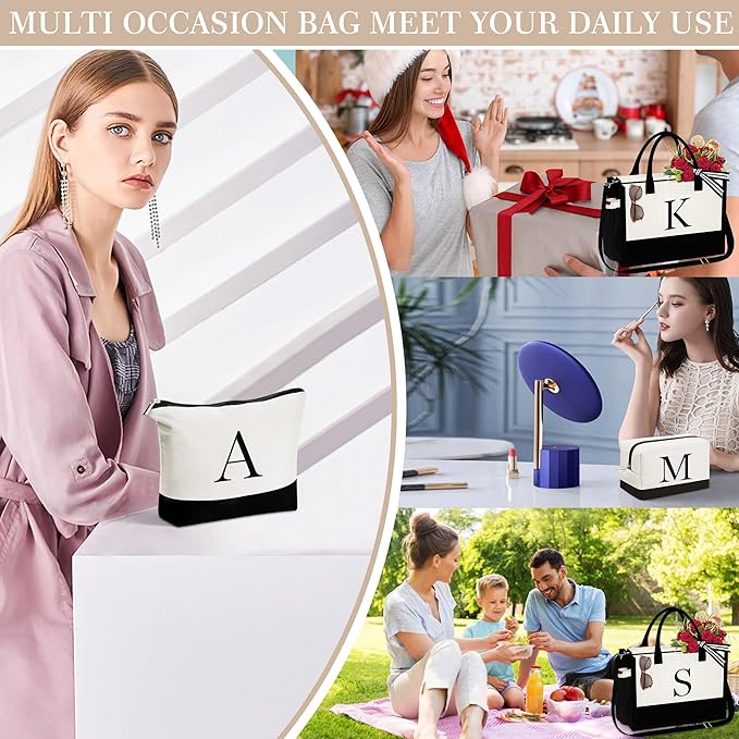 YOOLIFE Initial Canvas Tote Bag & Makeup Bag, Birthday Gifts for Women Mom Sister Friends, Bridesmaid Wedding Gifts