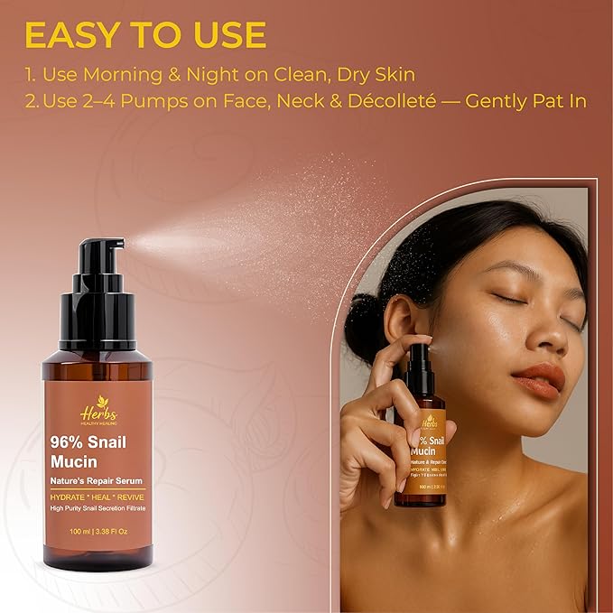 Herbs Healthy Healing Snail Mucin 96% Essence – Korean Hydrating Face Serum (3.38 fl oz) – Nourishing Skincare for Fine Lines, Uneven Tone & Dehydrated Skin – Lightweight, Fast-Absorbing Formula