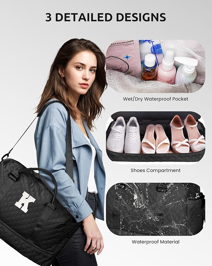 Initial Duffle - Personalized Monogram Travel Bag with Shoulder Strap - Women Overnight Bag with Wet Pocket - Makeup Bag Gift