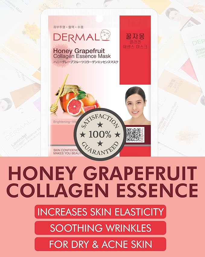 DERMAL Honey Grapefruit Collagen Essence Korean Facial Mask Sheet Pack of 10 - Rich in Vitamin C & Amino Acid - Hydrating, Evens Skin Tone & Dark Spots - Hypoallergenic Skin Friendly Sheet