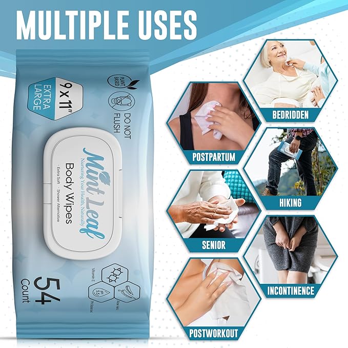 XL Adult Body Wipes – Hypoallergenic No Rinse Bath Wipes with Aloe & Vitamin E, Extra Thick Rinse-Free Shower Alternative for Incontinence, Elderly Care, Camping & Travel 4 Packs + 18 Singles