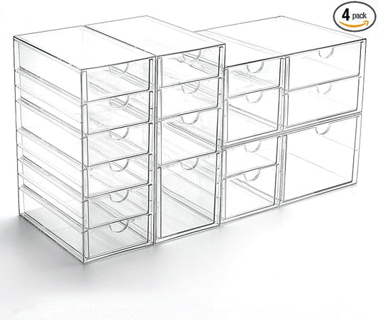 Prsildan Acrylic Drawer Organizer with 17 Drawers, Craft Office Desk Makeup Organizers Accessories, Set of 4 Clear Stackable Storage Drawers for Vanity, Countertop, Jewelry, Art Supply Organization