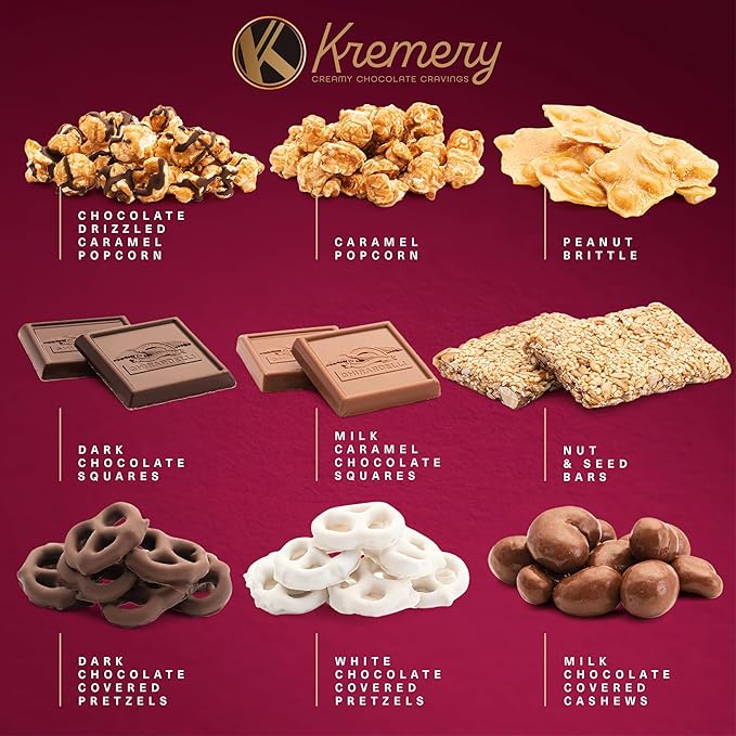 KREMERY Creamy Chocolate Cravings - Chocolate Covered Pretzels & Caramel Popcorn Gift Basket, in Seagrass Tray + Ribbon (Deluxe, 3.5 lbs) Food Arrangement, Food Assortments USA Made