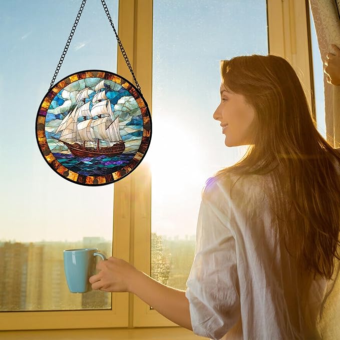 Stained Glass Window Hanging, Sailing Ocean Sun Catchers Glass Panel Navigation Suncatcher Decor for Birthday for Women, Men, Wife, Aunt, and Mom 11.8x11.8 in