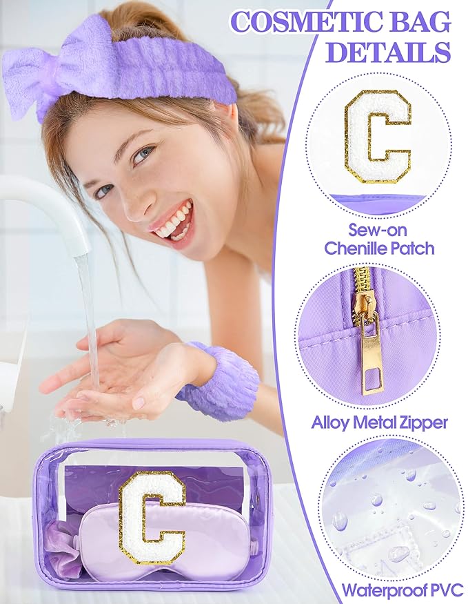 Gift Sets for Women, Initial Makeup Bag with Makeup Brush Set Bachelorette Party Favors, Purple Spa Kit with Skincare Headbands Wrist Bands Sleepover Party Supplies Gifts for Teen Girls Bridesmaid C