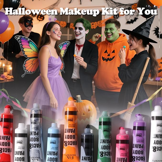 14 Colors Face Body Painting Kit, Full Coverage Water Based Face Paint Set for Cosplay Skull Joker Zombie Vampire, Highly Pigmented Body Paint Cream for Adult Carnival Halloween SFX Makeup