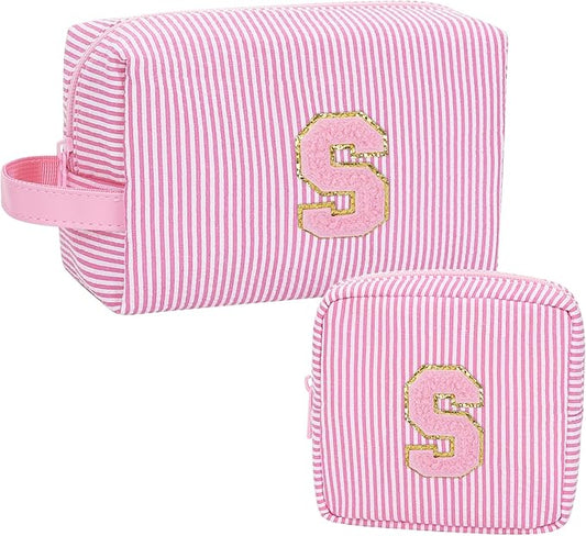 MONSTINA Initial Makeup Bags for Women|Cosmetic Bag for Travel Toiletry - Birthday Gifts for 11 12 13 14 15 16 17 18 Years Old Girls- Graduation Teen Girl Gifts Trendy Stuff Teacher Gift,2PCS,Pink S