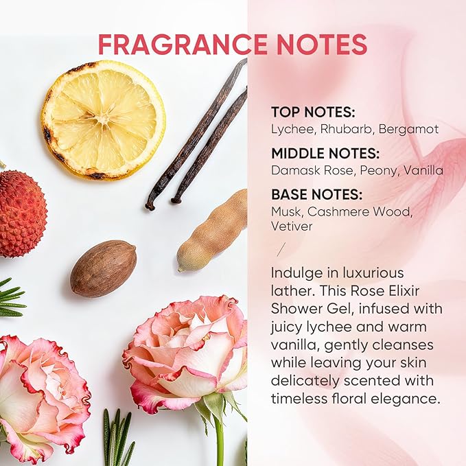 Rose Elixir Body Wash for Women – Moisturizing Shower Gel with Triple Rose Formula, Hydrating Natural Cleanser, Gentle Foaming, Multi-Oil Nourishment, 7 oz