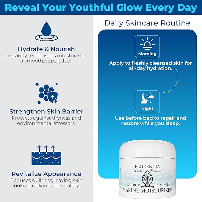 Florencia Marine Moisturizer - Youthful Radiance Face & Neck Cream - Hydrating, Nourishing, Wrinkle, Rejuvenating Cream with Marine Algae Extracts and Hyaluronic Acid for Men & Women, 2 oz
