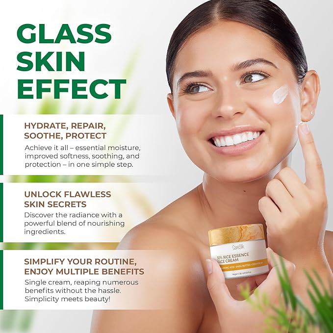 Rice Cream for Face - Organic Rice Ceramide Moisturizing Cream with Hyaluronic Acid - Natural Rice Eye Cream - Vegan Facial Essence - Face Cream