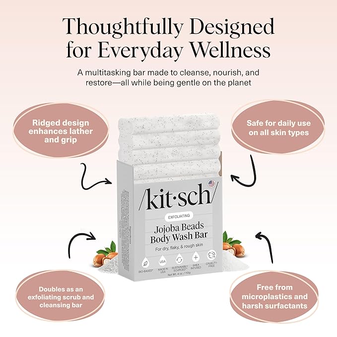 Kitsch Jojoba Beads Exfoliating Body Wash Bar – Nourishing Bar Soap with Shea Butter & Aloe for Dry, Flaky Skin – Soap bar & Body Scrub for Smooth, Refreshed Skin – Rosemary & Cedarwood Scent - 4 oz