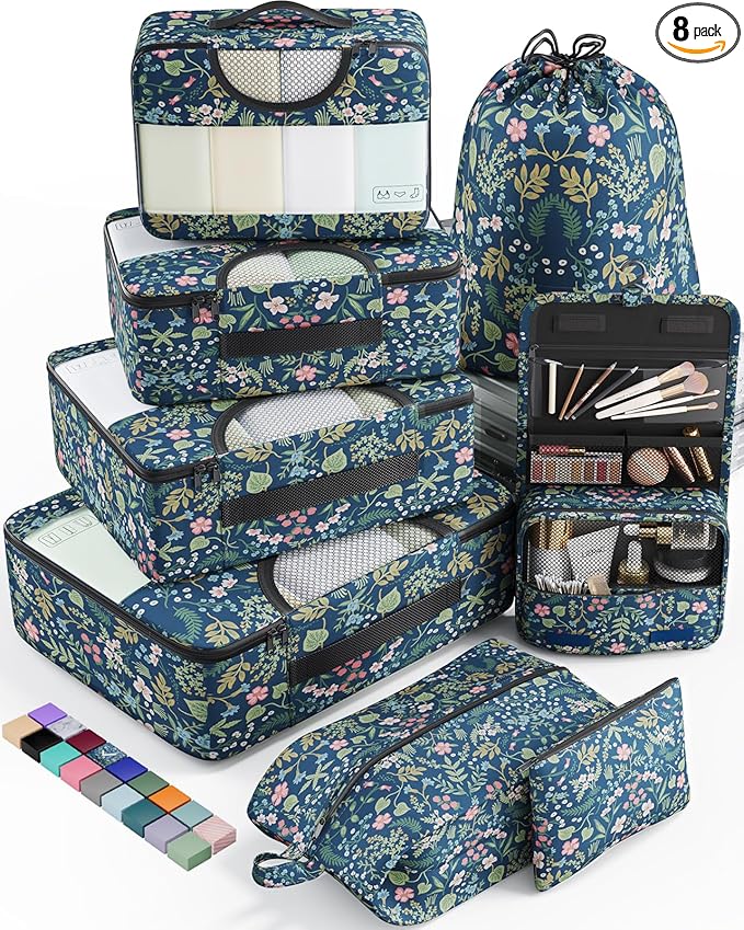 Veken 8 Set Packing Cubes for Travel Essentials, Suitcase Organizer Bags in 4 Sizes, Carry-On Luggage Accessories with Large Laundry & Hanging Toiletry Bag, Must-Have for Airplane, Road Trip & Camping