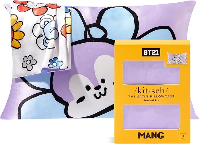 Kitsch x BT21 (Mang) Satin Pillowcase with Zipper for Hair & Skin - Softer Than Silk Pillow Cases, Smooth Cooling Pillow Cover, Wrinkle-Free, Machine Washable, Queen/Standard (19x26)